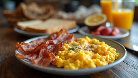 Homestyle breakfast spread with scrambled eggs bacon toast and OJ on rustic tableの素材