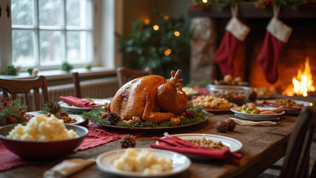 Warm holiday feast with turkey sides and festive decor on farmhouse table by the fireplaceの素材