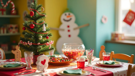 Festive kids Christmas party scene with tree games and treatsの素材