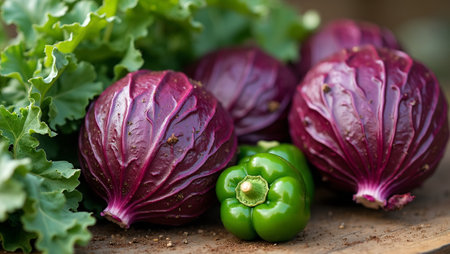 Vibrant red cabbage and green bell peppers on rustic wooden tableの素材