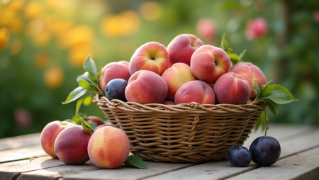 Fresh peaches and plums on rustic picnic table in a sunlit gardenの素材