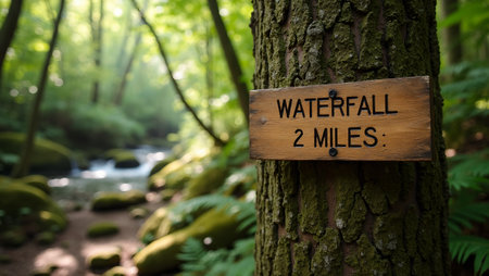Trail marker in dense forest Waterfall 2 Miles sunlight filtering through treesの素材