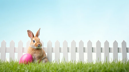 Whimsical bunny with pink Easter egg by white picket fenceの素材