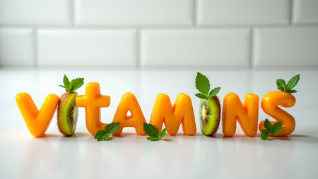 Fresh and vibrant fruit spell out vitamins on a white counterの素材