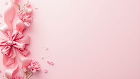 Elegant pink ribbon and bow on pastel background for romantic projectsの素材
