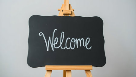 Elegant cursive Welcome on chalkboard on wooden easel against light gray backgroundの素材