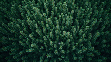 Dense pattern of dark green spruce needles creating a winter forest backdropの素材