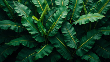 Tropical banana leaves with rich green tones and dark veinsの素材