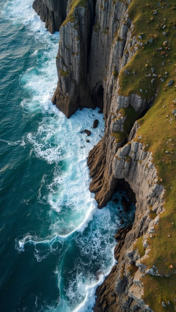 Dramatic sea cliffs with eroded jagged formations and crashing wavesの素材