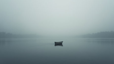 Solitary boat on calm lake under gray sky evoking loneliness and calmの素材