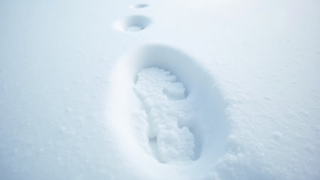 Solitary footprint in fresh snow sign of fleeting presenceの素材