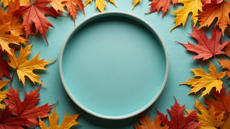 Vibrant autumn leaves encircling empty space on teal backgroundの素材