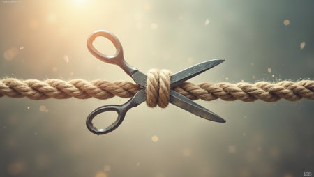 Symbolic image of scissors cutting thick rope representing liberation from limitationsの素材