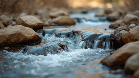Refreshing stream flowing over dry riverbed symbolizing renewal of lifeの素材