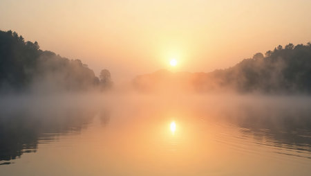 Tranquil sunrise over misty lake reflecting peaceful ambianceの素材