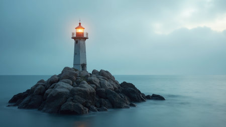 Isolated lighthouse on rocky outcrop in the sea Tranquil and resilient sceneの素材