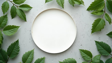 Fresh green leaves and dewdrops in circular space on gray background morning vibeの素材