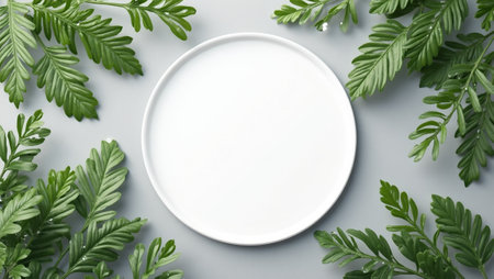 Fresh green leaves and dewdrops in circular space on gray background morning vibeの素材