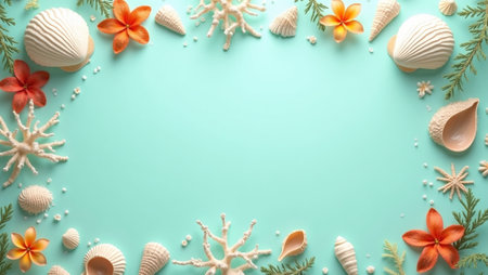 Tranquil aqua background adorned with seashells coral and tropical flowersの素材