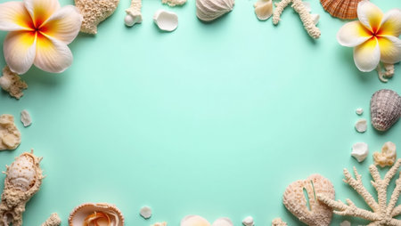 Tranquil aqua background adorned with seashells coral and tropical flowersの素材