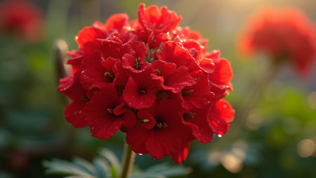 Vivid red geranium bloom with golden tipped stamen and dew dropletsの素材