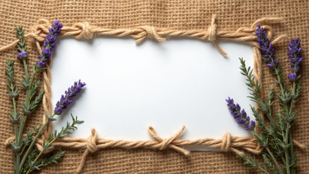 Rustic burlap background with herbs and lavender frameの素材