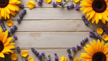 Sunflower petals dried lavender on wooden backgroundの素材