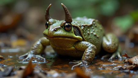 Horned frog camouflaged in wet leaves near puddleの素材