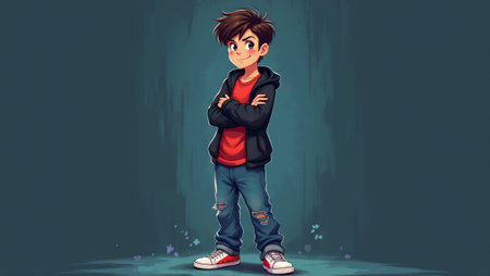 Confident boy in stylish outfit against urban graffiti backdropの素材