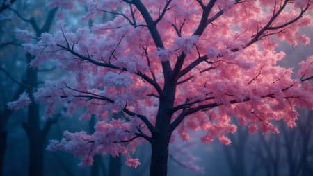 Magical tree with color changing leaves illuminated in twilightの素材