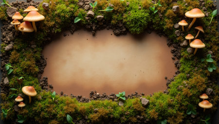 Tranquil forest moss and mushrooms frame a blank space on brown backdropの素材