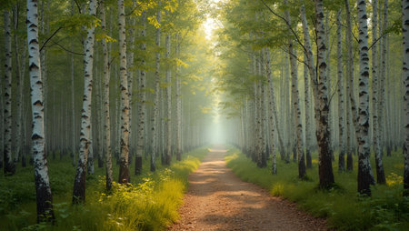 Tranquil forest trail lined with tall birch trees in soft morning lightの素材