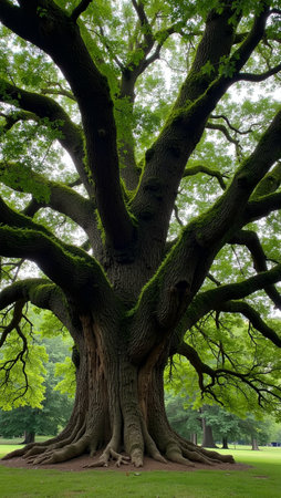 Majestic oak tree with sprawling branches and rough fissured trunk in lush green canopyの素材