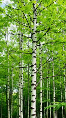 Unique birch tree with striped white bark in a forest of green leavesの素材