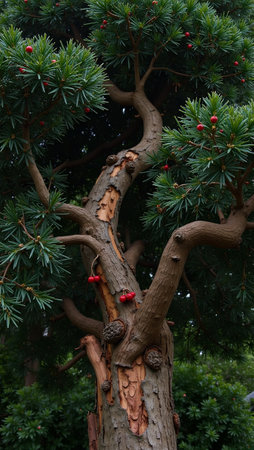 Yew tree with twisted trunk dark green leaves and red berriesの素材