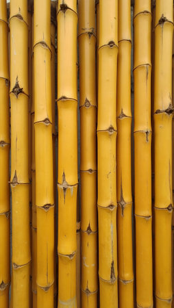 Close up of natural bamboo wall with textured knots in warm tonesの素材