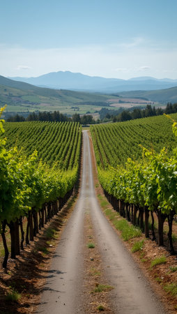 Scenic vineyard road with lush grapevines and distant mountainsの素材