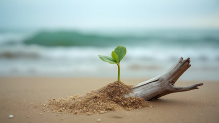 Delicate green sprout on weathered driftwood by the seashoreの素材