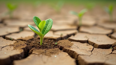 Resilient green sprout in dry cracked soil symbolizing hope in a droughtの素材