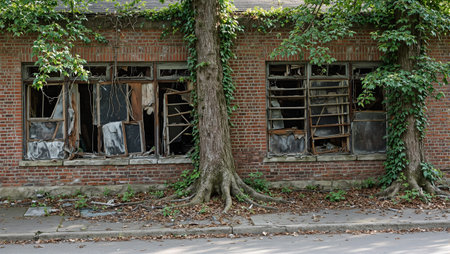 Desolate library with dusty shelves ivy covered walls and trees breaking through pavementの素材