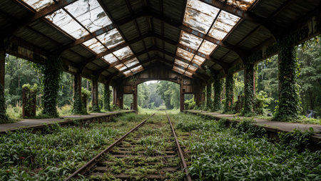 Mystical abandoned train station reclaimed by natureの素材
