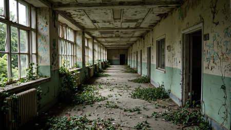 Abandoned hospital with sunlight dust decay and ivyの素材