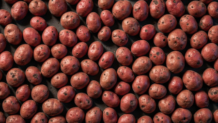 Fresh red potatoes on conveyor belt dirt patches industrial backdropの素材