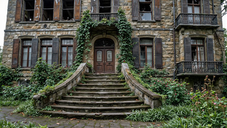Eerie Victorian mansion overtaken by nature cracked walls shattered windows overgrown ivy and rosesの素材