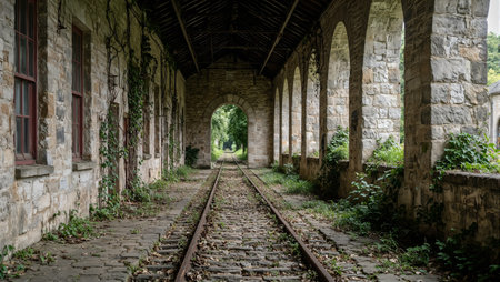 Abandoned railway station with weathered walls, rusted tracks and overgrown greeneryの素材