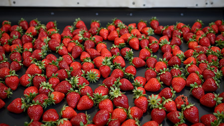 Fresh vibrant strawberries on black conveyor belt industrial settingの素材