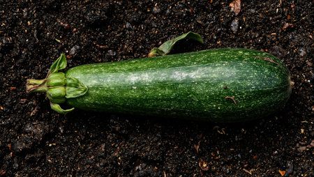 Fresh green zucchini on dark soil backgroundの素材