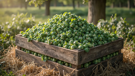 Freshly harvested Brussels sprouts in wooden crate sunlight filtering through treesの素材