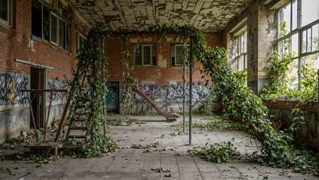 Abandoned school playground reclaimed by natureの素材