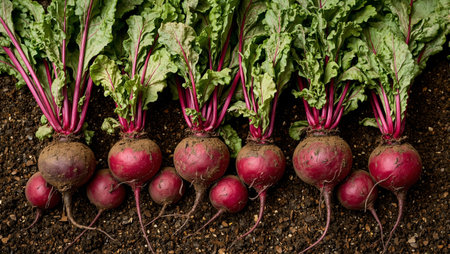 Fresh dark red beets on soil vibrant greens contrast with rich redsの素材